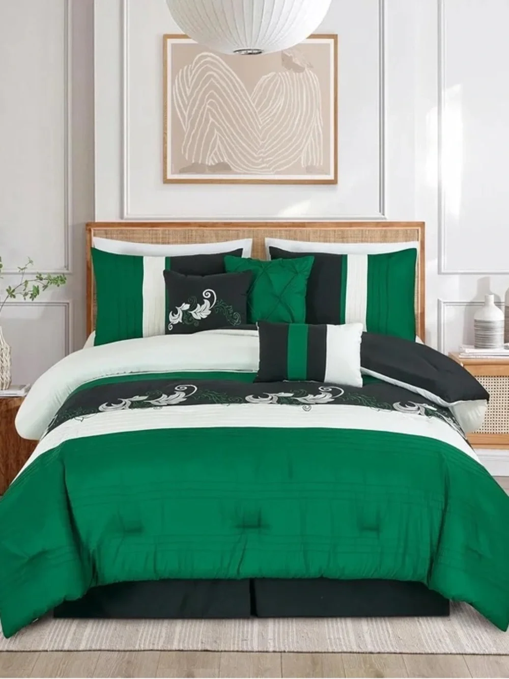 Green and White Floral Stripe 3 piece queen Comforter Set